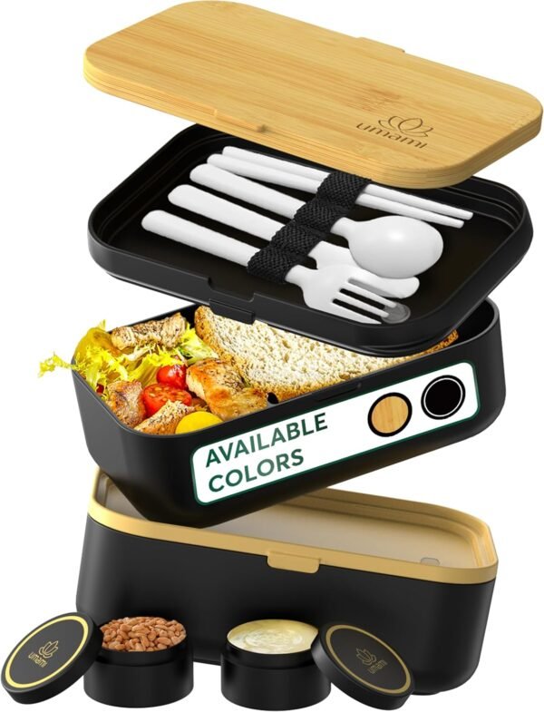 Umami Bento Box Adult All-In-1 XXL w/ 4 Utensils, 100% Leakproof, Microwave & Dishwasher Safe Lunch Containers for Adults, 4 Compartments, Bento Lunch Box Containers w/Premium Real Bamboo Lid