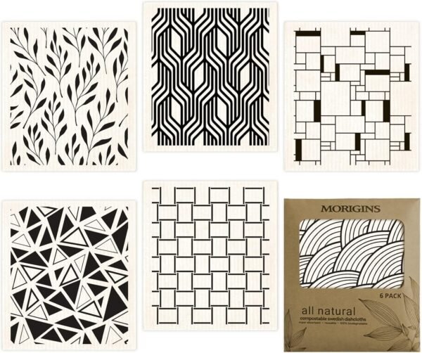 Morigins Swedish Dishcloths for Kitchen 6 Pack Black Minimalist Cellulose Sponge Cloths Non Scratch Reusable Paper Towels No Odor, Biodegradable and Reusable Kitchen Dish Rags (Minimalist)