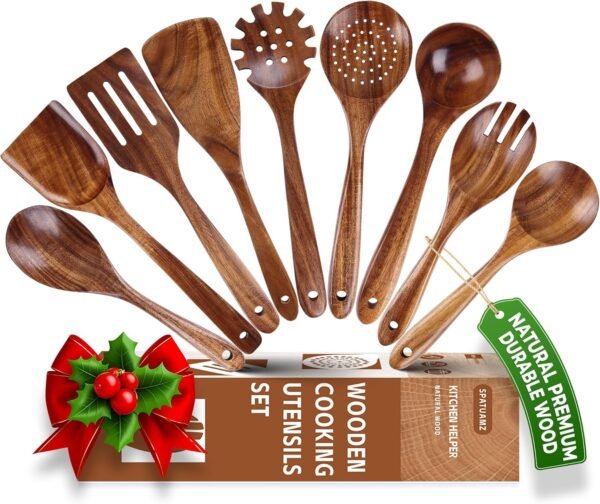 Natural Teak Wood Kitchen Utensil Set, Set of 9 Wooden Spoons for Cooking, Great Gift Cooking Spoons for Kitchen Essential Tools