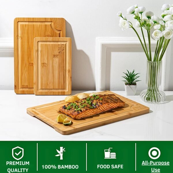 Wood Cutting Board - 3 Piece Bamboo Cutting Board Set, Large Size 15" x 10" Cutting Boards for Kitchen with Deep Juice Groove, Side Handles - Chopping Boards for Meal Prep, Meat, and Charcuterie - Image 3