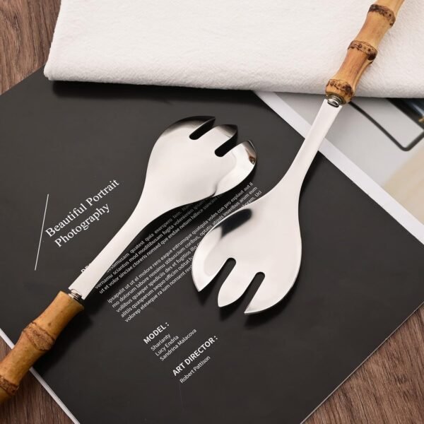 Serving Spoon and Fork Set, 304 Stainless Steel Serving Utensils with Natural Bamboo Handle, 10" Long Handle Serving Set for Kitchen Party Buffet, 4 Pieces / 2 of Each - Image 7