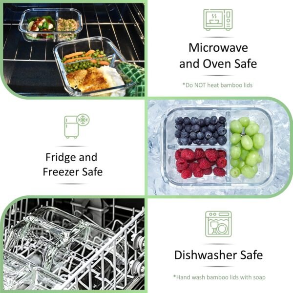 Glass Bento Box Containers with Bamboo Lids, 3 Compartment Glass Meal Prep Containers [3 Pack] - 100% Plastic Free, Eco-Friendly Glass Lunch Containers, Bamboo Glass Bento Boxes for Adults - Image 6