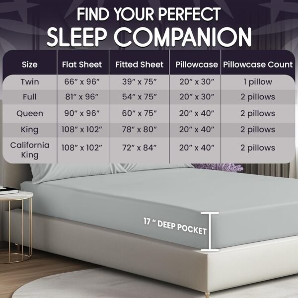 SLEEP SANCTUARY 100% Organic Viscose Derived from Bamboo Sheets Queen Size 4pcs - Ultra Soft & Luxuriously Cooling, 17" Deep Pocket, Perfect for Hot Sleepers - Queen Bed Sheets (Light Grey) - Image 5