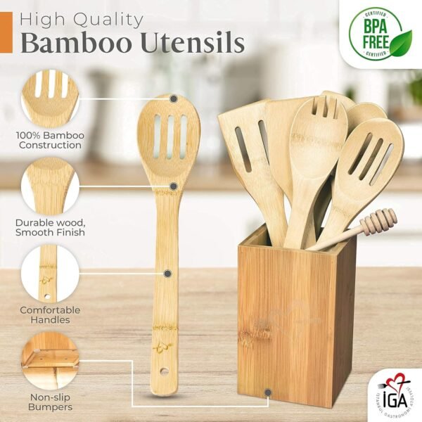 IGA Organic Bamboo Cooking Utensils Set Spoons, Spatulas With Holder For High Heat Resistant In Nonstick Pots, Pans & Cast Irons Skillets (8-Piece Set) Great Gift Idea For Everyday Use - Image 3