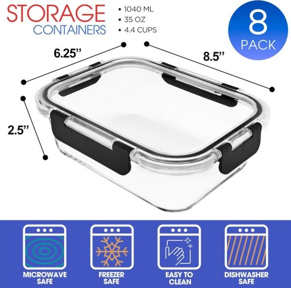 Sorbus 16pc (8 Rectangular 35oz Food Storage Containers and 8 Airtight Lids) – 4.4 Cup Glass Meal Prep Containers, Dishwasher, Freezer, and Oven Safe – Reusable Glass Food Containers for Meal Prep - Image 2