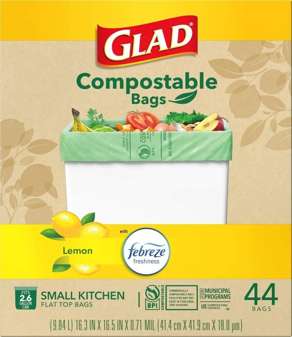 Glad Trash Bags, Kitchen Compost Bags 2.6 Gallon Garbage Bags, 100% Compostable Bag, Febreze Lemon, 44 Count (Package May Vary), Light Yellow - Image 19