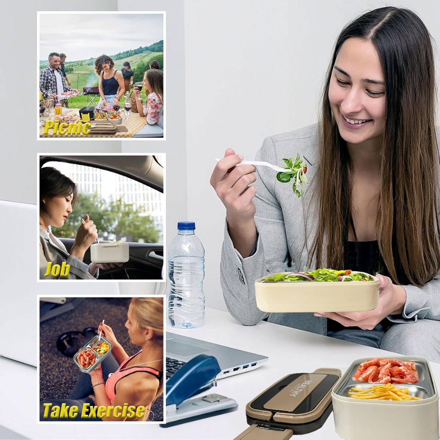 Stainless steel bento box Adult lunch box, ideal food storage container, 2 compartments, wheat cutlery Fork Spoon, suitable for work, travel (apricot) - Image 6