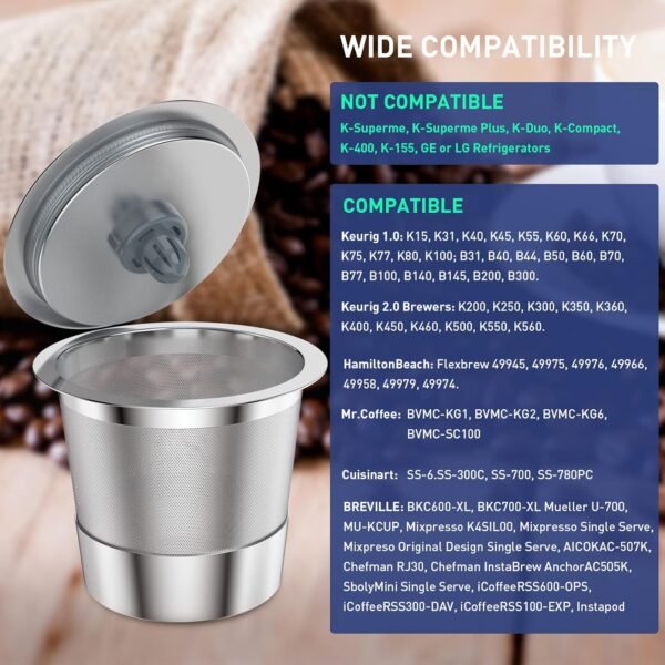 Reusable K Cups Coffee Filter, Stainless Steel K Cup Reusable Coffee Pods Filters for Keurig 1.0 & 2.0 Coffee Makers Non-BPA Keurig Reusable Coffee Pods (2 Packs) - Image 3