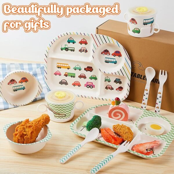 Roshtia 10 Pcs Cartoon Bamboo Kids Dinnerware Set Dinosaur Car Plate and Bowl Set Dishwasher Safe Kids Dish Set Toddler Plates and Utensils Set Car Dinosaur Forks and Spoons for Kids with Cup - Image 4