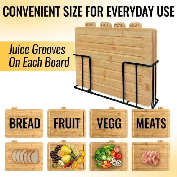 Bamboo Cutting Boards for Kitchen with Holder 13" x 11" x 2.5" | Labeled Wood Cutting Board Sets | Large Wooden Cutting Board Set of 4 with Black Organized Stand | Non Toxic Chopping Board - Image 3
