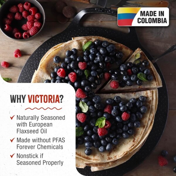 Victoria 15-Inch Cast Iron Comal Pizza Pan with 2 Side Handles, Preseasoned with Flaxseed Oil, Made in Colombia - Image 2