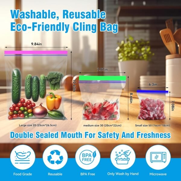 Reusable Food Storage Freezer Bags 100-Pack, Zipper Lock for Fruit and Veggies - 3 Sizes, Microwave and Freezer Safe, Strong Seal, Easy to Fill for Lunch, Snacks, and Meals - Image 2