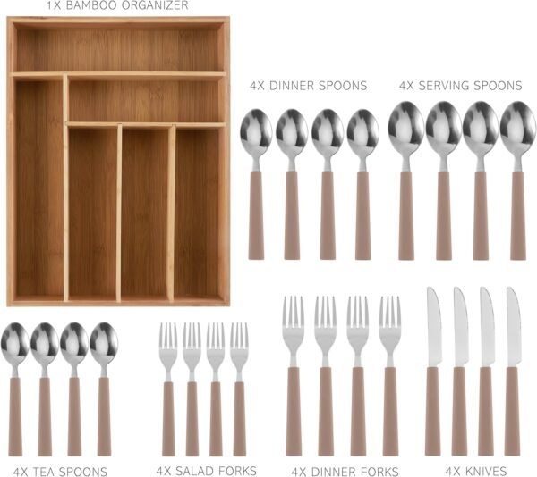COOK WITH COLOR Bamboo Kitchen Utensil Set with Drawer Organizer | Cooking Tools and Storage Caddy, Brown, 25 Piece Cutlery Set - Image 2