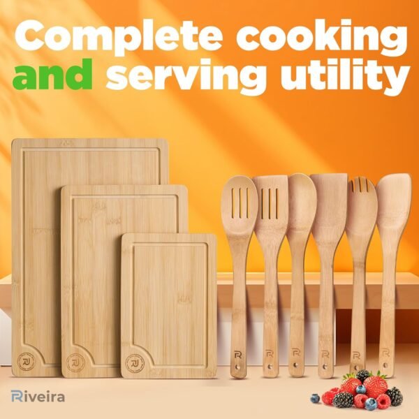Riveira Bamboo Cutting Boards For Kitchen with Wooden Spoons For Cooking – Set of 3 Pcs Wooden Cutting Board & 6 Bamboo Spoons – Wooden Cutting Boards For Kitchen – Complete Wooden Cooking Utensils - Image 6