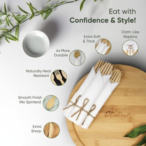 Premium Pre-Rolled Napkin and Bamboo Cutlery Set (30 Pack, 120 PCS) 100% Biodegradable, Eco-Friendly, Disposable Wrapped Cutlery - Includes Pre-Wrapped Bamboo Forks, Knives, Spoons, & Napkins - Image 2