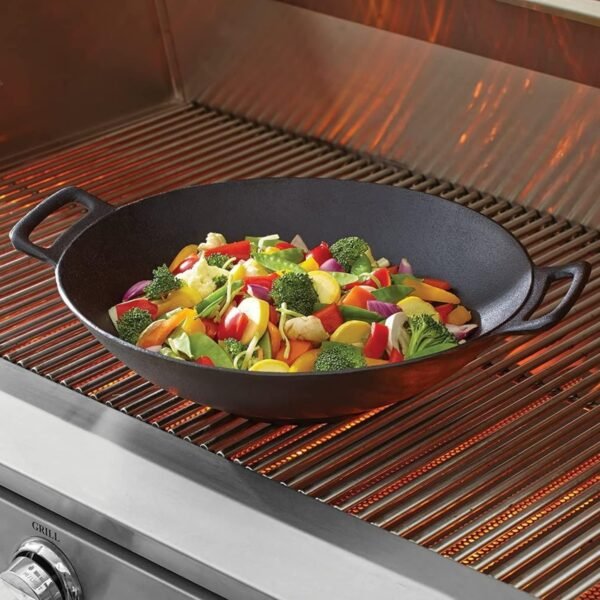 Jim Beam 12'' Pre Seasoned Heavy Duty Construction Cast Iron Grilling Wok, Griddle and Stir Fry Pan - Image 8