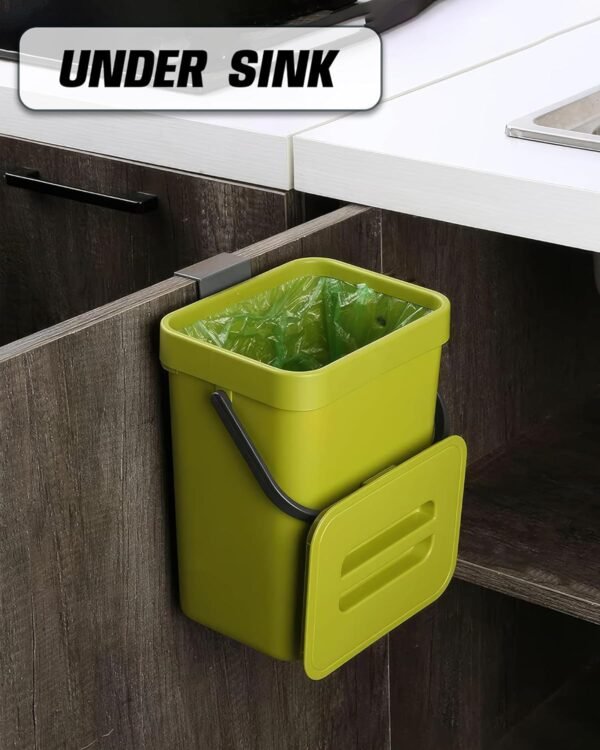 Compost Bin for Kitchen Countertop 5L/1.3 Gal Hanging Small Trash Can with Lid, Kichen Under Sink Trash Can, Wall Mount Indoor Compost Bucket with Lid(Lime Green) - Image 3