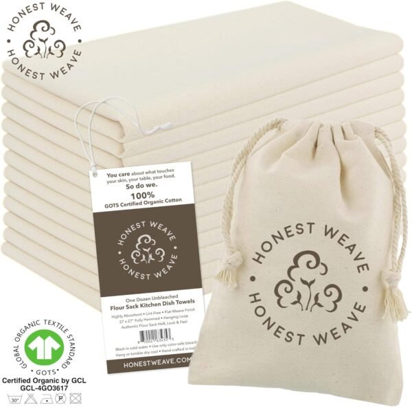 GOTS Certified 100% Organic Flour Sack Cotton Kitchen Hand and Dish Towel Sets - Extra Large 27x27 inches, Fully Hemmed, 12-Pack, Natural Tan - Image 4