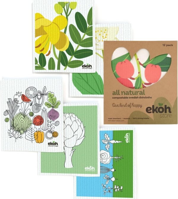 EKOH Swedish Dishcloths for The Kitchen - 12 Pack Cleaning Cloths for The Home - 100% Biodegradable Dish Cloths a Paper Towel and Plastic Sponge Alternative (Scandi Botanical, Scandinavian)