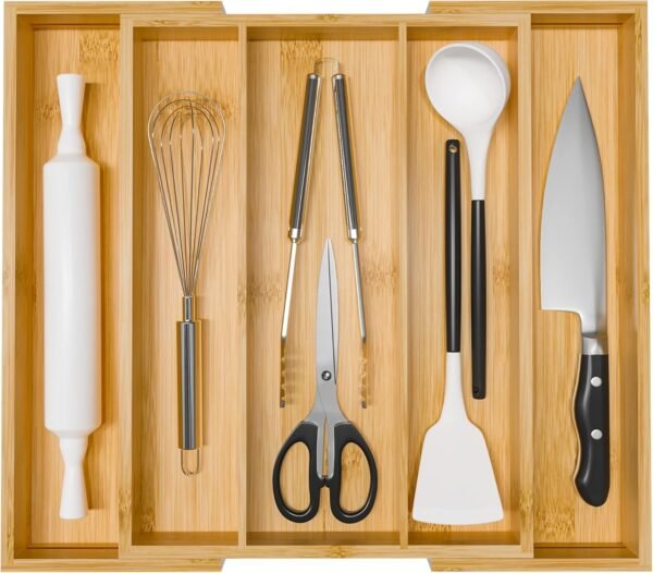 Bamboo Utensil Organizer Cutlery Organizer - Expandable 5 Slots Multipurpose Kitchen Drawer Organizer for Large Cooking Utensils, Baking Tools, Knife Set W13.7"-19.9" x L17.6" X H2.5"(Yellow)