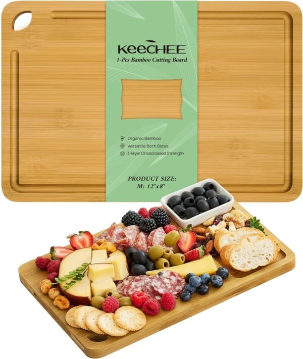 Medium Bamboo Cutting Board for Kitchen - 12 Inch Wood Cutting Boards with Juice Groove and Handles, Wooden Chopping Board for Meat, Cheese, Fruit & Vegetables (Pre Oiled, Natural)