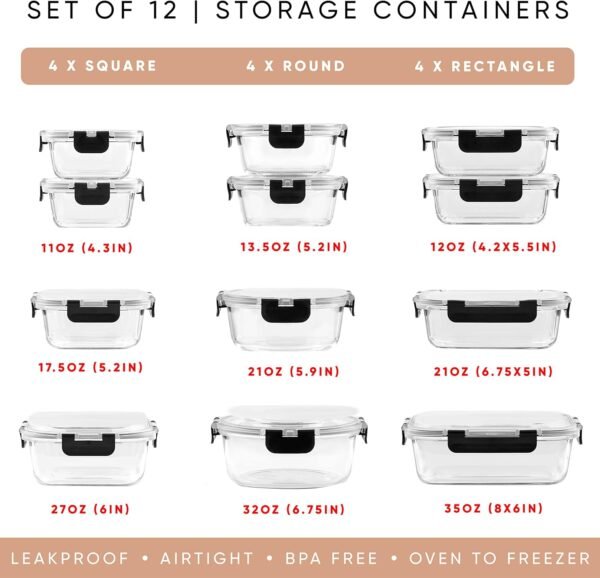JoyJolt JoyFul 24pc(12 Airtight, Freezer Safe Food Storage Containers and 12 Lids), Pantry Kitchen Storage Containers, Glass Meal Prep Container for Lunch, Glass Storage Containers with Lids - Image 2