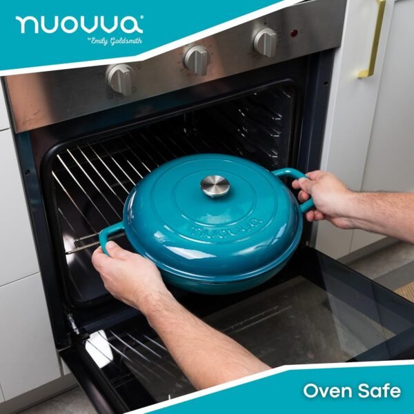 Shallow Cast Iron Casserole with Lid – Non Stick Dutch Oven Pot, Oven Safe up to 500° F – Sturdy Ovenproof Stockpot Cookware – Enamelled Cooking Pot – Teal, 5-Quart, 32cm – by Nuovva - Image 3