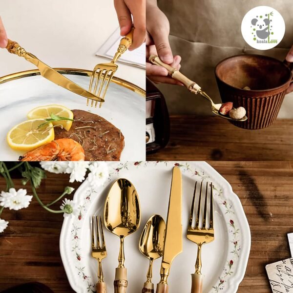 Bamboo Silverware Set Natural Bamboo Flatware Set Hand Crafted Bamboo Cutlery Utensils, Handmade With Love By KoalaLove! (4 Sets, 24 Cutlery Pieces, Gold) - Image 4