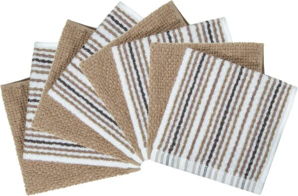 Bumble Premium Dish Cloths Towel 12"x12" | 100% Natural Ring Spun Cotton Tea Towel Set | 430 GSM | Highly Absorbent & Soft Dish Towels | 8 Pack - 4 Popcorn Striped & 4 Solid Kitchen Towels - Tan - Image 2