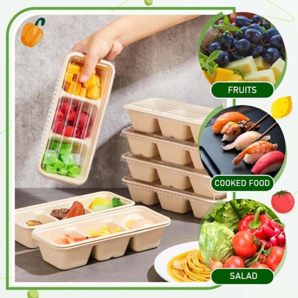 Hushee 25 Pack 17 oz Small Meal Prep Containers 3 Compartments with Lids, Disposable Plastic Bento Boxes Reusable Stackable Food Containers Travel Lunch Boxes for Office, Picnic (Natural) - Image 3