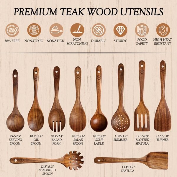 Wooden Spoons for Cooking - 10 Pcs Teak Wood Cookware Utensil Set with Smooth Finish - Non-Stick, Comfortable Grip - Durable, Heat Resistant Kitchen Utensils - Image 4