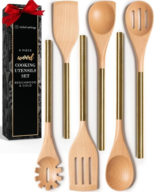 Wooden Utensil Set with Gold Stainless Steel Handles - 6 Piece Wooden Cooking Utensils for Nonstick Cookware - Stylish Wood and Gold Cooking Utensils for Modern Kitchens - Great for Gifting