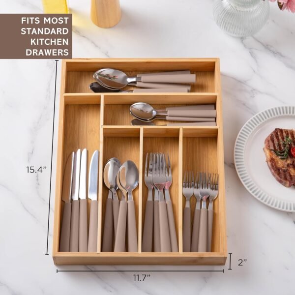 COOK WITH COLOR Bamboo Kitchen Utensil Set with Drawer Organizer | Cooking Tools and Storage Caddy, Brown, 25 Piece Cutlery Set - Image 4