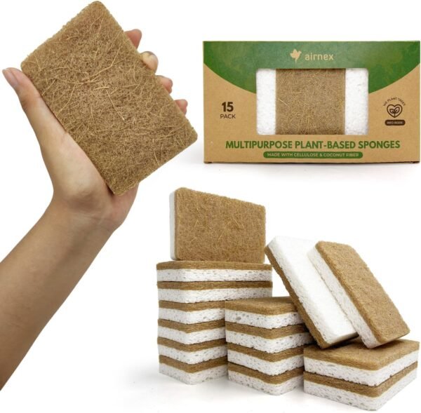 Natural Kitchen Sponges Pack of 15 - Biodegradable Cellulose and Coconut Husk Walnut Scrubber Sponges - Odor Free Non Scratch Sponges - Eco Friendly Quick Drying Dishwashing Sponges