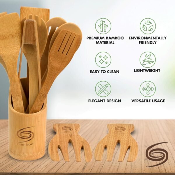 Bamboo Cooking Utensils - 11-Piece Wooden Kitchen Utensil Set W/A Bamboo Utensil Holder - Non Toxic and Eco Friendly Wooden Spoons for Cooking W/Wooden Tongs & Slotted Spatula - Image 6