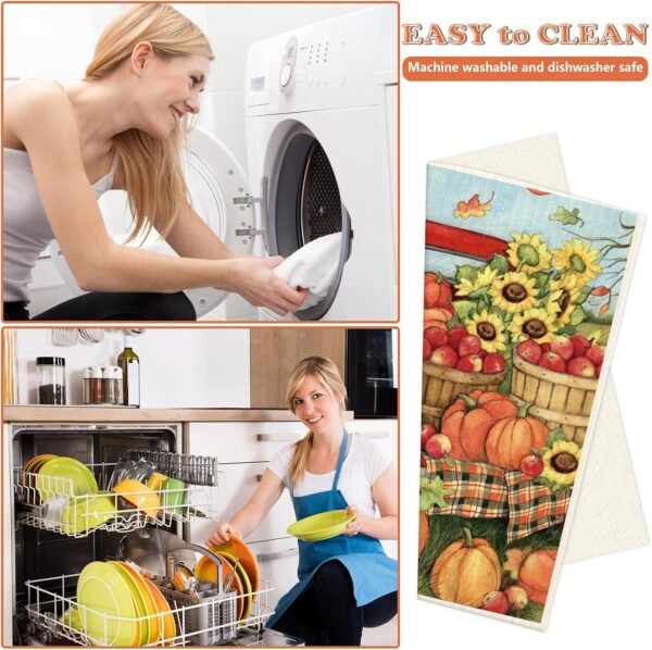 Fall Swedish Kitchen Dishcloth Sunflower Pumpkin Truck Cotton Towel Farm House Absorbent Dish Towel for Autumn Thanksgiving Housewarming Cleaning Wipes, 6Pcs, 7 x 8 Inch - Image 5