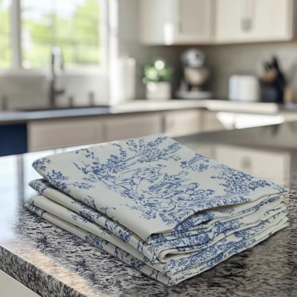 COTTON CRAFT Kitchen Towels - 100% Cotton 4 Pack French Country Toile Dish Towel - Decorative Tea Towel - Soft Hand Towel - Absorbent Dish Towels for Drying Dishes - Reusable Dish Cloth - 16x28 - Blue - Image 2