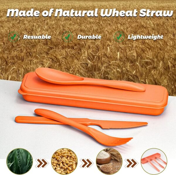 Reusable Travel Utensils Set with Case, 2 Sets Wheat Straw Portable Plastic Fork Spoons Knife Camping Cutlery, Eco-Friendly BPA Free Lunch Tableware Travel Picnic Utensils for Kids Adults Daily Use - Image 2