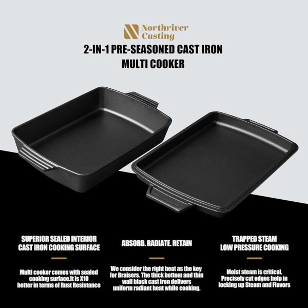 2-In-1 Pre Seasoned Cast Iron Dutch Oven With Skillet Lid,Casserole Dish,Rectangular Baking Pan,Griddle Pot Set, 6QT, 9"x13" - Image 3