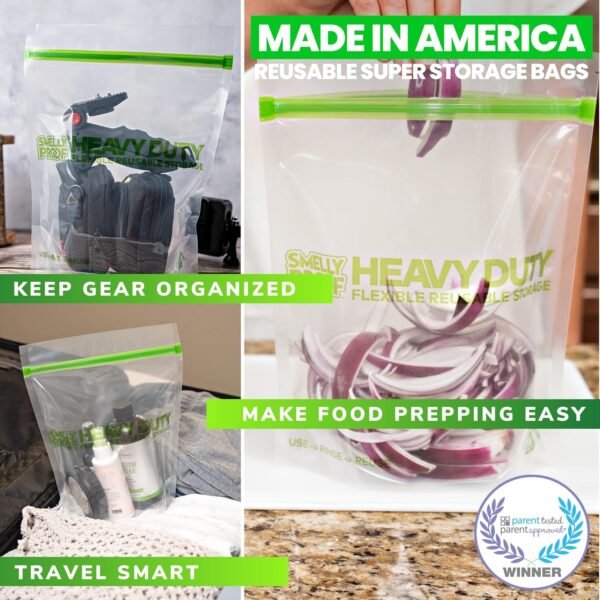 Smelly Proof HEAVY DUTY Reusable STAND-UP Ziplock Bags for Food Storage, USA Made, NO PEVA & BPA FREE, Reusable Freezer Bags, Dishwasher-Safe, Triple Zip, CLEAR 5-mils LRG Quart 8.5" x 10" - 5pk - Image 3