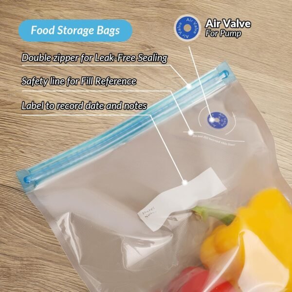 Sous Vide Bags 28Pcs, BPA Free Reusable, with Air Valve, Double-Layered Food Storage for Cooking, Food Storage, and Microwave Heating. 3 Size 21 Vacuum Zipper Bags, 2 Seal Clips, and 5 Air Valves. - Image 3