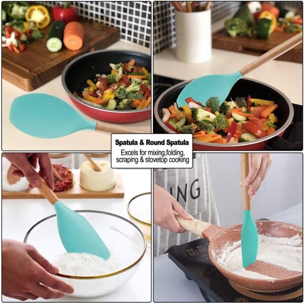 Silicone Kitchen Utensils Set - Heat Resistant Silicon Cooking Utensils, Wooden Handle Kitchen Utensil Set with Holder, Spoon Spatula Turner Tongs Whisk Kitchen Tools for Nonstick Cookware (BPA Free) - Image 3