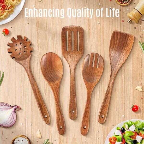 5 PCS Wooden Spoons for Cooking Natural Teak Kitchen Utensils Smooth Non-Stick Surface Cooking Utensils Set Soft Comfort-Grip Wooden Utensils for Cooking - Image 8