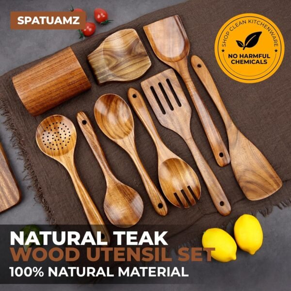 Teak Wood Cooking Utensils Set, 9Pcs Durable Wooden Utensils for Cooking, BPA-Free Premium Wooden Spoons for Cooking with Holder & Spoon Rest - Image 2