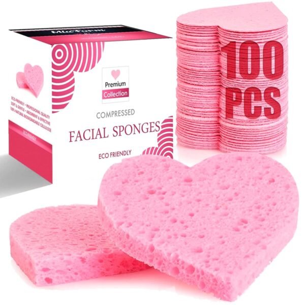 100-Count Compressed Facial Sponges, 100% Natural Cosmetic Spa Sponges for Facial Cleansing, Exfoliating Mask (Pink Heart)