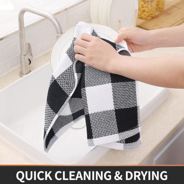 Homaxy 100% Cotton Waffle Weave Check Plaid Kitchen Towels, 13 x 28 Inches, Super Soft and Absorbent Dish Towels for Drying Dishes, 4-Pack, White & Black - Image 3