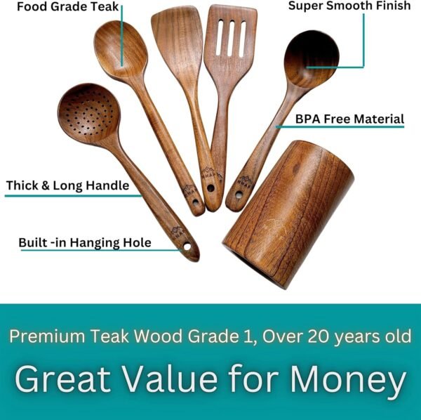 Premium Teak Healthy Spoons, Durable Eco-friendly Spatula, Wooden Utensils for Cooking set with Holder & Canvas Bag, Wooden Cooking Utensils, Cooking Gifts for Mom, Wooden Spoons for Cooking - Image 2