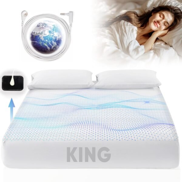 Grounding Sheets King Size, 95% Organic Cotton + 5% Pure Silver Fiber, Grounded Sheet Earth Connected Bedding (King - 77"x 80"x 13" White) Fitted Earth Sheets with Grounding Cord