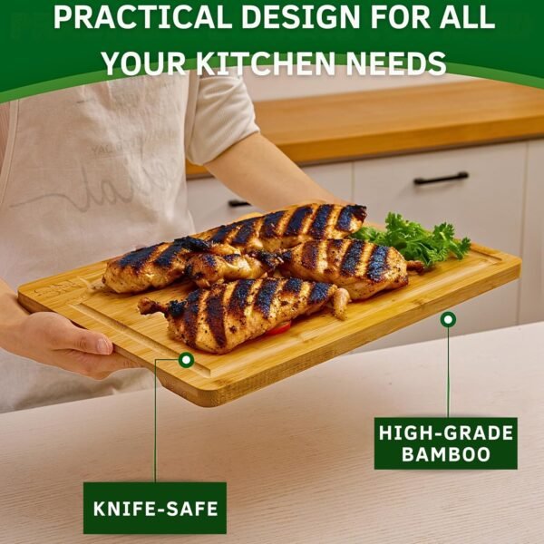 Wood Cutting Board - 3 Piece Bamboo Cutting Board Set, Large Size 15" x 10" Cutting Boards for Kitchen with Deep Juice Groove, Side Handles - Chopping Boards for Meal Prep, Meat, and Charcuterie - Image 6