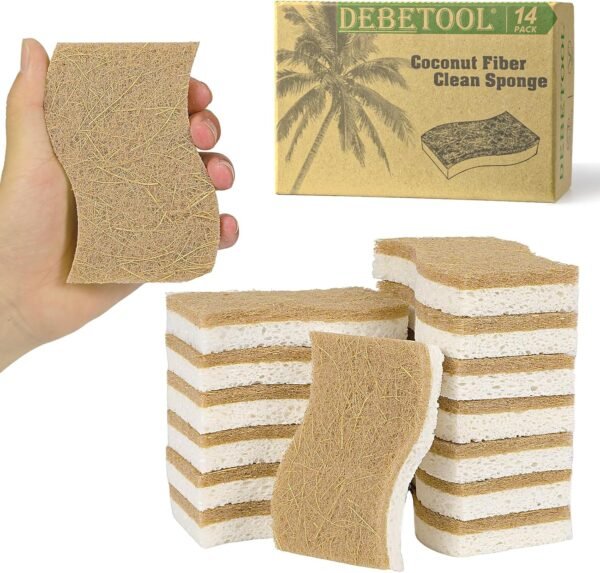 Natural Kitchen Sponge, Eco-Friendly Dish Sponge for Kitchen - Biodegradable Cellulose and Coconut Scrubber Sponge-Pack of 14 Household Cleaning Sponge for Dishes, White